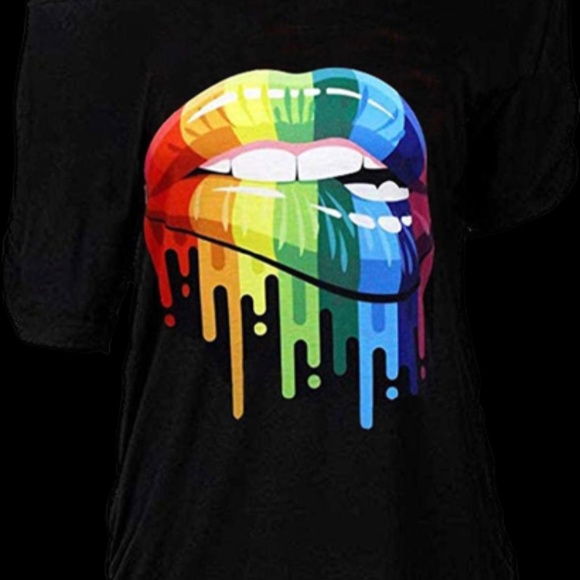 MagicMK Women's Shirts Rainbow Mouth Lips Off the Shoulder - Picture 2 of 13